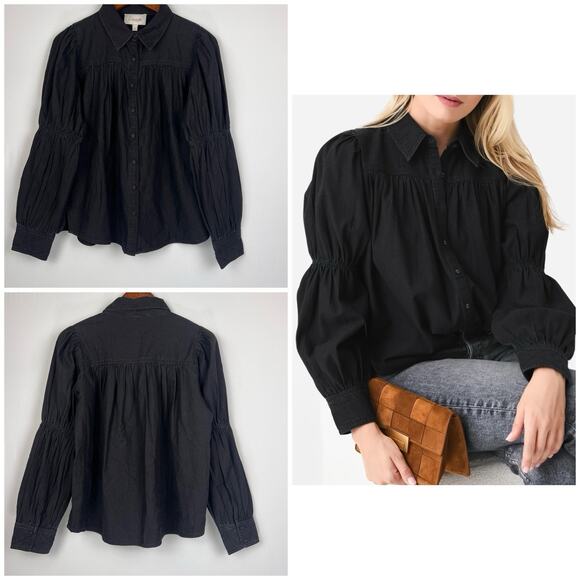 Cleobella Blakely Blouse M Black Puff Sleeve Button Down Boho Cotton Top - Picture 5 of 9